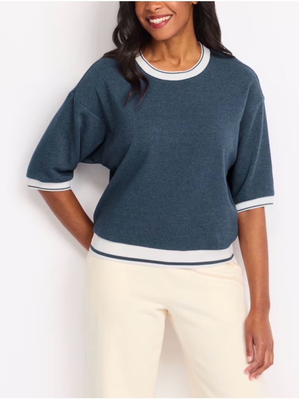 THREAD & SUPPLY Stitch Fix Navy Varsity Trim Short Sleeve Sweater MP New $49